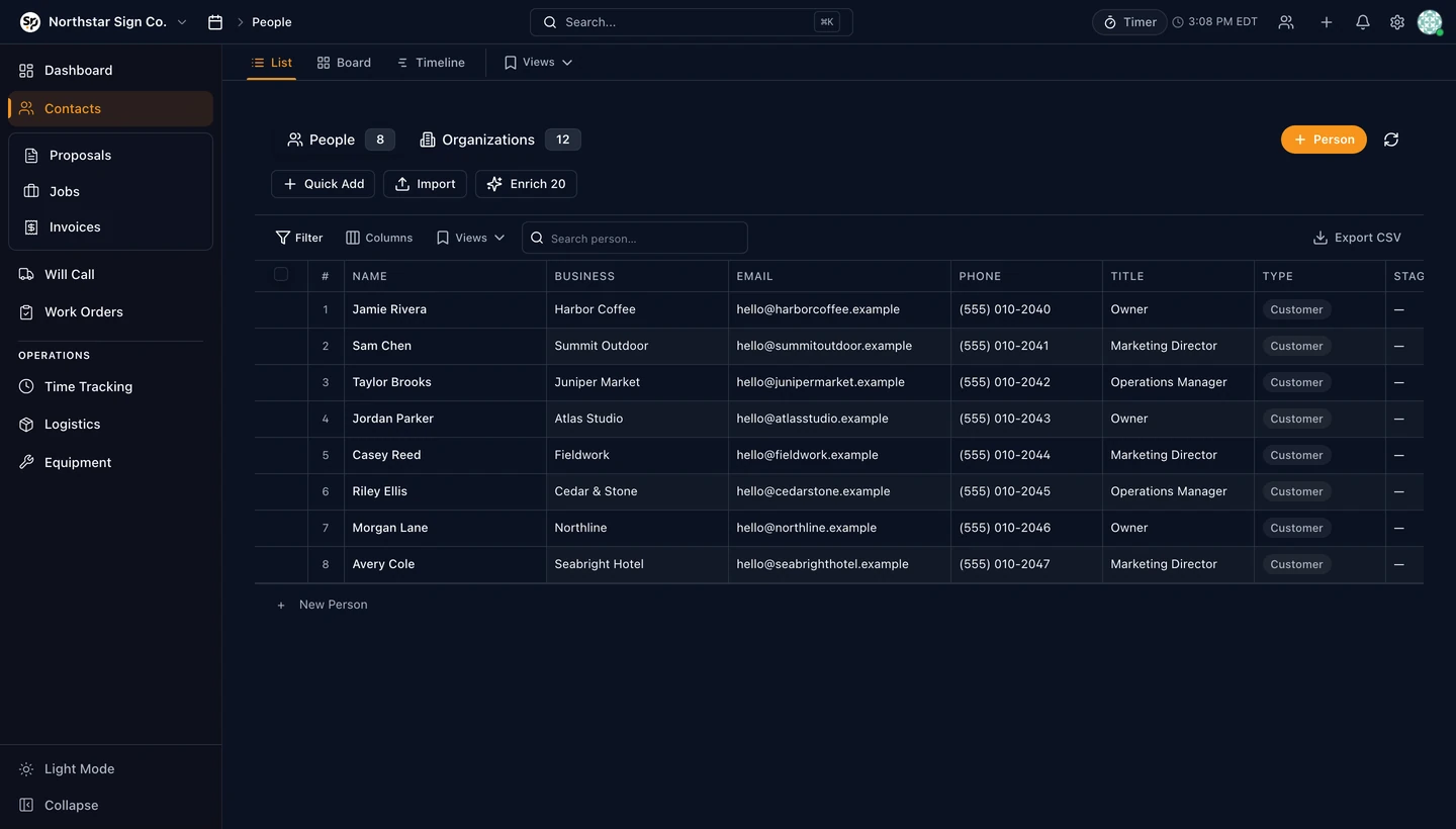 SignPro People interface populated with example sign-shop data